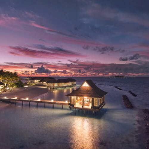 Teppanyaki restaurant at Nova, "Mizu" aerial exterior at sunset