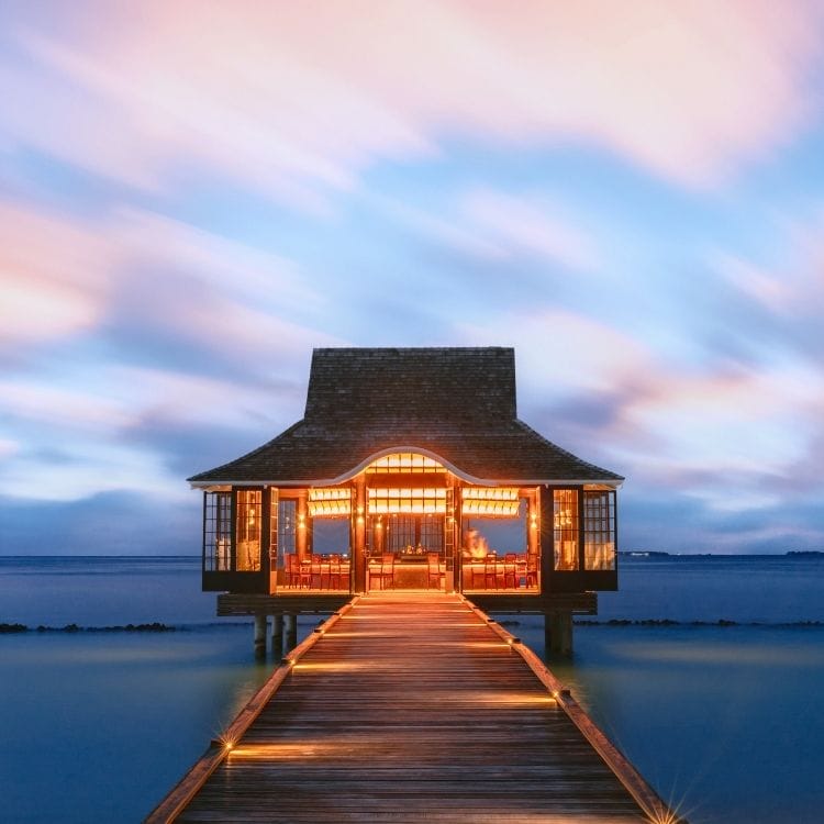 Teppanyaki restaurant at Nova, "Mizu" exterior at sunset