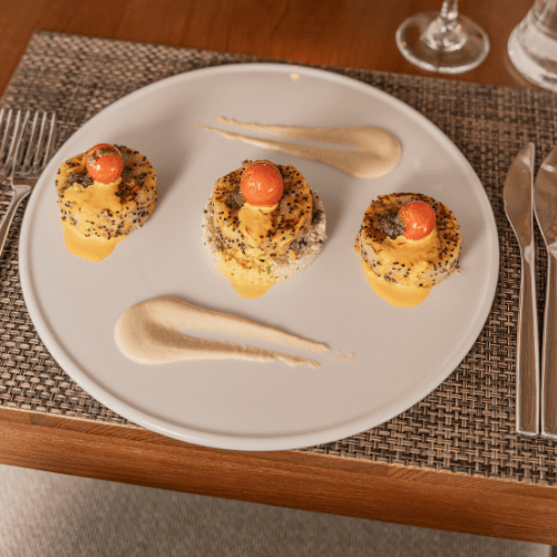 a plate of food on a place mat