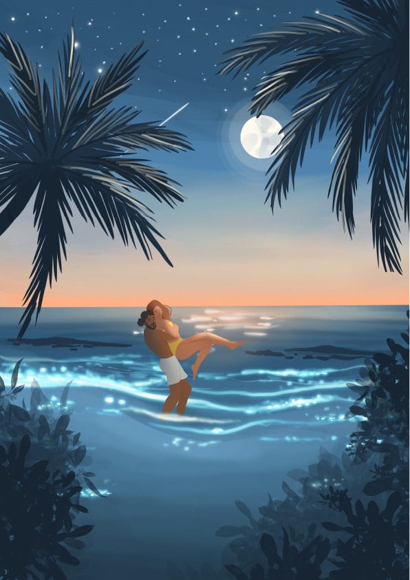 Digital illustration of a man carrying a woman in the water, under the moonlight