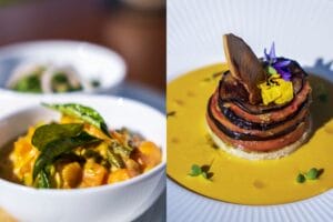 Two exquisite dishes showcasing vibrant and fresh ingredients.